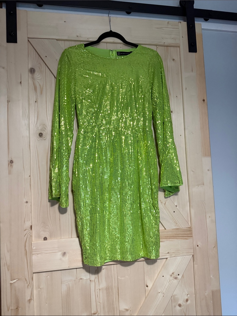 New York & Company Neon Green Sequin Long Sleeve Mini Dress